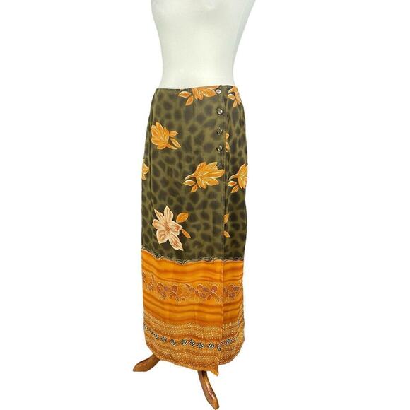 Marla Kim Wrap Maxi Skirt Olive Green & Rust Women Size Large Vintage - Picture 2 of 11